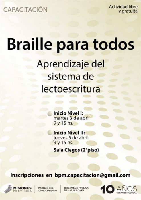 Se dictarán cursos de Braille en la Biblioteca del Parque del Conocimiento