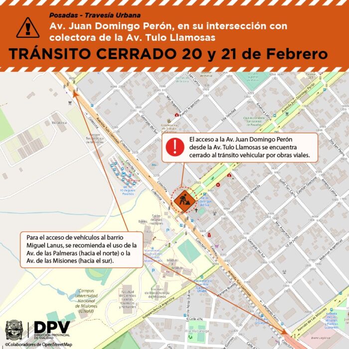 Por obras, este sábado y domingo se corta el tránsito en av. Perón y colectora de Ruta 12 en Posadas
