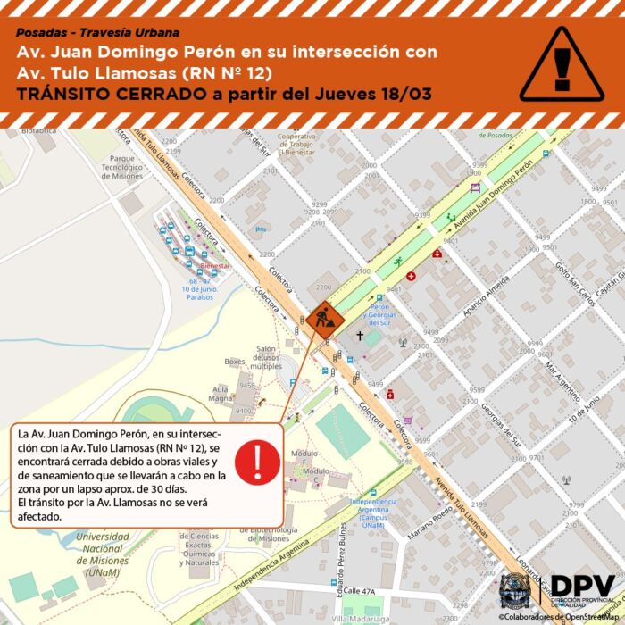 Posadas: por obras estará cortada la intersección de las avenidas Juan D. Perón y Tulo Llamosas