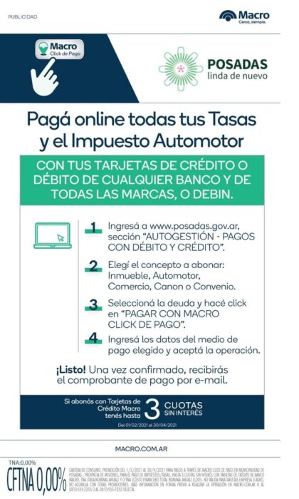 Nuevos beneficios para el pago de Tasas Municipales e Impuesto Automotor en Posadas