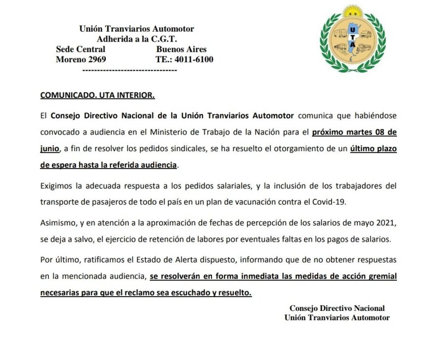 La UTA otorgó un nuevo plazo hasta el martes a Nación y no habrá paro de colectivos