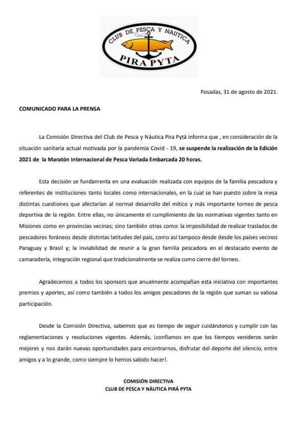 El Pirá Pytá decidió la suspensión de las "20 Horas de Pesca 2021" por la pandemia