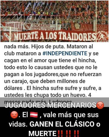 Grave amenaza a los jugadores de Independiente: "Ganen el clásico o muerte"